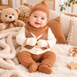 Set nou-născut băiețel 5 piese, maro și crem, bluză cu vestă, pantaloni cu botoșei, căciuliță, bavetă și mănuși - Img 3