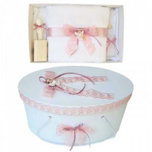 Set trusou botez si cutie trusou, Ingeras, dantela roz prafuit, Denikos® 453