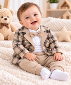 Costum bebeluși băieți 3 piese crem cu sacou în carouri, pantaloni și papion din bumbac moale, Superbebe Shop