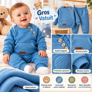 Costum vatuit bebeluși băieți 2 piese albastru bumbac moale cu hanorac și pantaloni cu genunchere - Img 3