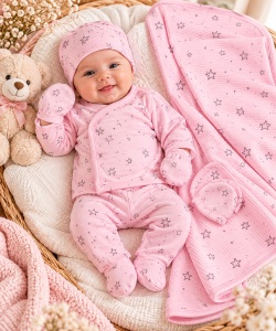 Costumas bumbac fete 5 piese roz cu imprimeu stelute set complet bebelusi maneca lunga si caciulita
