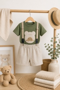 Donino, set pantalonasi cu tricou verde si bretele