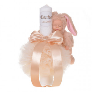 Lumanare botez cu iepuras, personalizata si trusou botez in landou, decor Ivoire, Denikos® 803 - Img 3