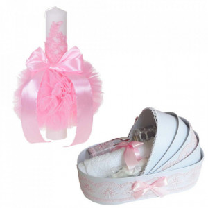 Lumanare botez glob cu dantela si trusou botez in landou, decor Roz, Denikos® 748