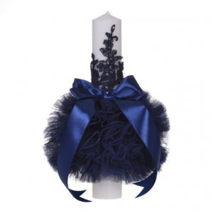 Lumanare botez glob cu dantela si trusou botez in landou, decor Bleumarin, Denikos® 753 - Img 3