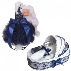 Lumanare botez glob iepuras pufos si trusou botez in landou, decor Bleumarin, Denikos® 808