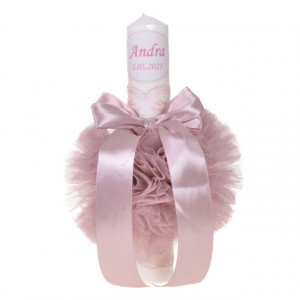 Lumanare botez personalizata si trusou botez in landou, decor Roz pudra, Denikos® 780 - Img 2