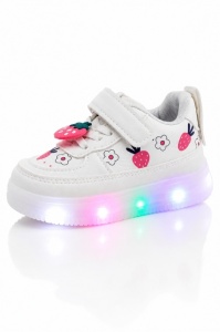 Pantofi sport cu lumini LED, Model Capsunele, Piele ecologica, fete, alb - Img 2