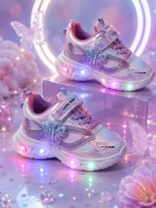 Pantofi sport cu lumini LED, Model Fluture, Piele ecologica, Fete, Mov - Img 3