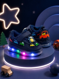 Pantofi sport cu lumini LED, Model Masinute, piele ecologica si textil, Baieti, Bleumarin - Img 5