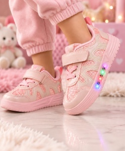 Pantofi sport cu luminite, Model Pink Pearl, Piele ecologica, Fete, Roz