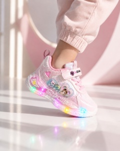 Pantofi sport cu luminite, Model Shine, Piele ecologica, Fete, Roz - Img 2