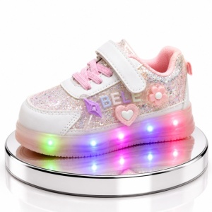 Pantofi sport cu luminite si sclipici, Model Premium Style, Piele ecologica, Fete, Roz - Img 3