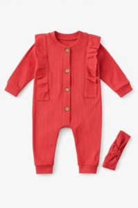 Set corai salopeta bebe bumbac rib cu nasturi si bentita  - Img 2
