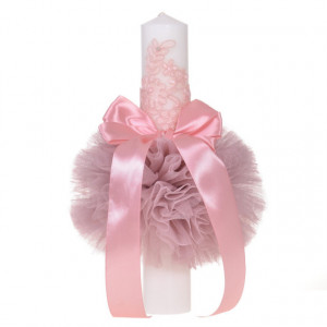 Set elegant trusou botez, cutie trusou si lumanare, decor dantela Roz pudra diafana, Denikos® 956 - Img 4
