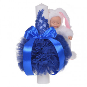 Set elegant trusou botez, cutie trusou si lumanare iepuras pufos, dantela si fundite, decor Albastru, Denikos® 930 - Img 3