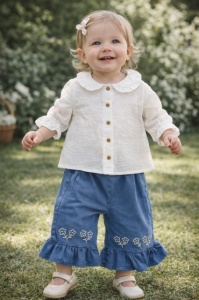 Set fete 2 piese bluza alba brodata pantaloni albastri evazati casual