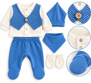 Set nou-născut băiețel 5 piese, albastru și crem, bluză cu vestă, pantaloni cu botoșei, căciuliță, bavetă și mănuși - Img 2