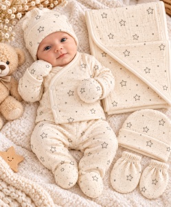 Set pentru bebeluși din 5 piese ivoire cu model stelute, bumbac 100% - Img 2