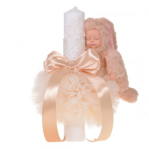 Set trusou botez, cutie trusou si lumanare iepuras pufos, dantela si fundite, decor Crem, Denikos® 896 - Img 3