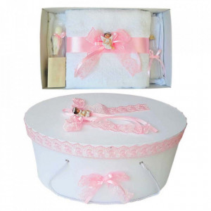 Set trusou botez si cutie trusou, Ingeras, dantela roz, Denikos® 454
