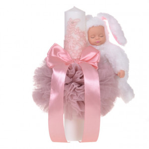Trusou botez cu mesaj si lumanare eleganta glob cu dantela si iepuras pufos, decor roz pudra, Denikos® 760 - Img 2