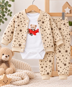 Costum bebe băieți 3 piese bej cu imprimeu stelute și ursuleț din bumbac moale Superbebe Shop (3)