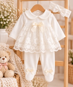 Costumas bebelusi fete 3 piese alb cu dantela si fundite, bumbac 100%