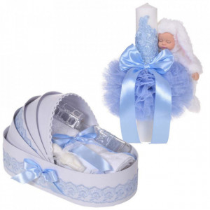 Lumanare botez cu iepuras pufos si trusou botez in landou, decor dantela Bleu, Denikos® 859