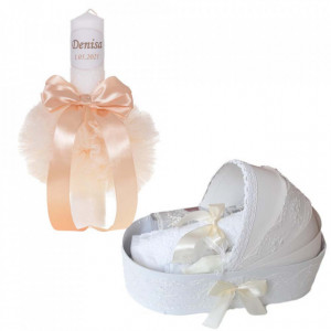 Lumanare botez personalizata si trusou botez in landou, decor Ivoire, Denikos® 779