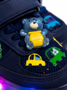 Pantofi sport cu lumini LED, Model Masinute, piele ecologica si textil, Baieti, Bleumarin - Img 3
