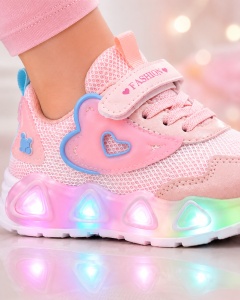 Pantofi sport cu lumini LED, Model Pink Heart, Textil, Fete, Roz - Img 5