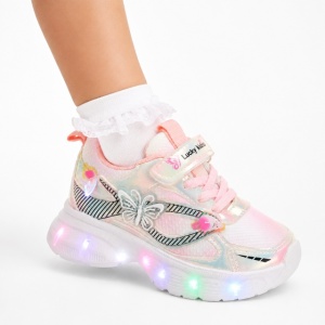Pantofi sport cu luminite, Model Fluturas, Piele ecologica, Fete, Roz - Img 4