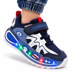 Pantofi sport cu luminite, Model Super Confy, Textil si Piele ecologica, Baieti, Bleumarine - Img 2