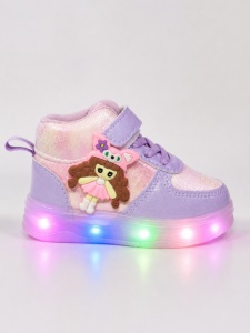 Pantofi sport inalti cu luminite, Model Papusa, Piele ecologica, Fete, Mov - Img 4