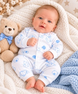 Salopetă bebe albă cu ursuleți bleu, mânecă lungă, închidere cu capse, 0-3 luni