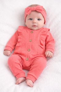 Salopeta bebe fetite bumbac rib roz coral cu nasturi si bentita set