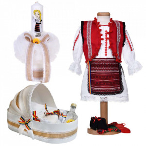 Set costum national fetita, trusou botez landou si lumanare, decor traditional, Denikos® 1053