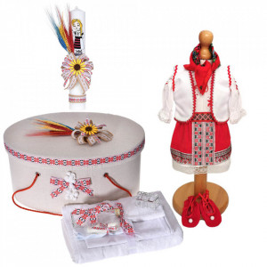 Set costum rochita populara, trusou botez, cutie trusou si lumanare, decor traditional, Denikos® C9105