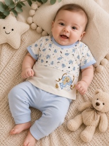Set din doua piese pentru bebelusi, bumbac, maimutica brodata, Babyim, bleu