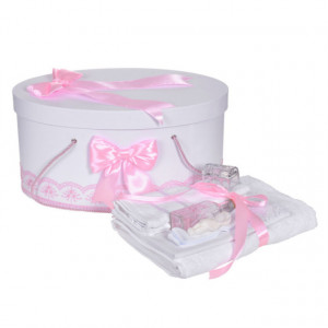 Set trusou botez, cutie trusou si lumanare iepuras pufos, dantela si fundite, decor Roz, Denikos® 890 - Img 2