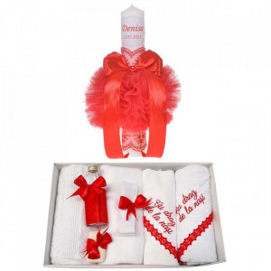 Trusou botez cu mesaj si lumanare botez personalizata, decor rosu, Denikos® 789