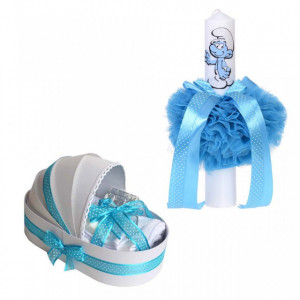 Trusou botez in landou si lumanare pentru baietel, turcoaz, Denikos® 45