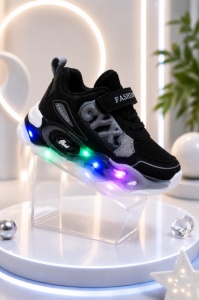 Adidasi cu lumini Led, Model Cyx, Baieti, Piele ecologica, Negru - Img 2