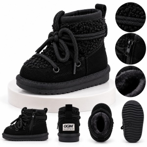 Cizme negre imblanite pentru fete SuperBaby din piele ecologica, talpa cauciuc, cu siret si fermoar, peste glezna, casual - Img 2