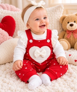 Compleu bebe fetiță roșu cu inimioare și fundiță, bluză albă și salopetă cu bretele, 2 piese
