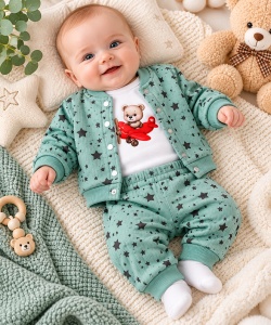 Costum bebe băieți 3 piese verde cu imprimeu stelute și ursuleț din bumbac moale Superbebe Shop (2)