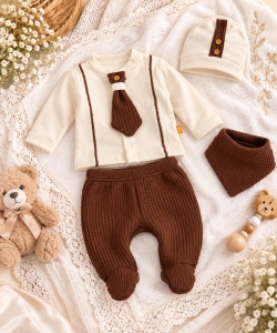 Costumas bebelusi 5 piese maro si crem cu papion, bumbac 100% Superbebe Shop - Img 3