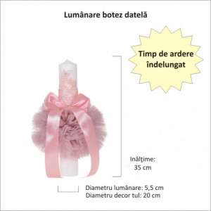 Lumanare botez eleganta cu tul, dantela si fundita, decor roz pudra, Denikos® 707 - Img 2