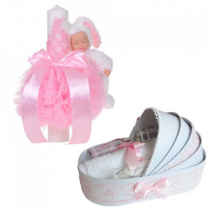 Lumanare botez glob iepuras pufos si trusou botez in landou, decor Roz, Denikos® 770